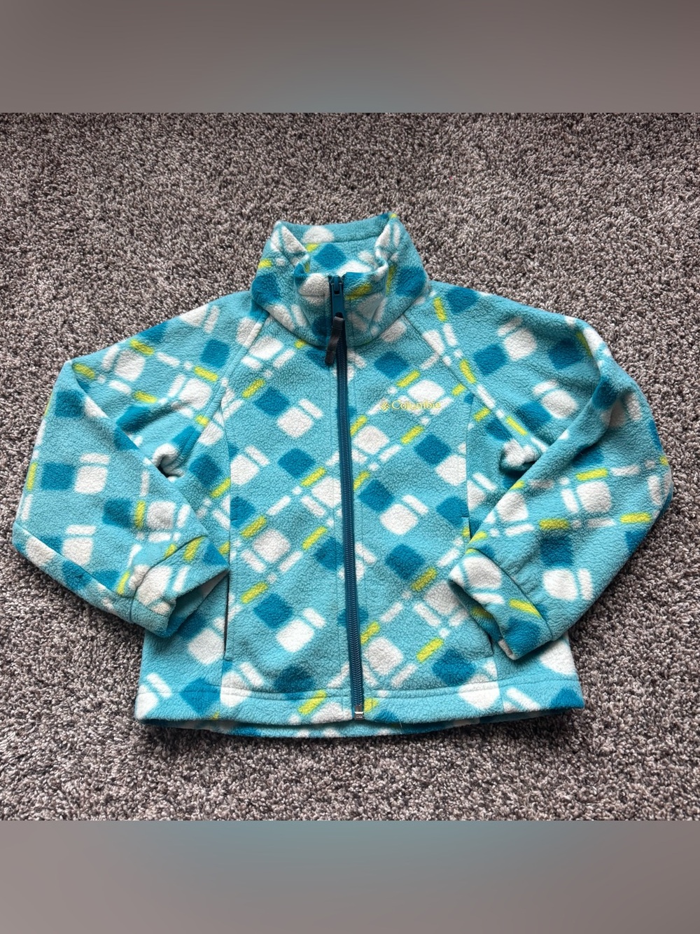 Columbia Aqua Geometric Fleece Jacket with White & Lime Accents